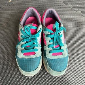 Saucony teal and bright pink sneakers